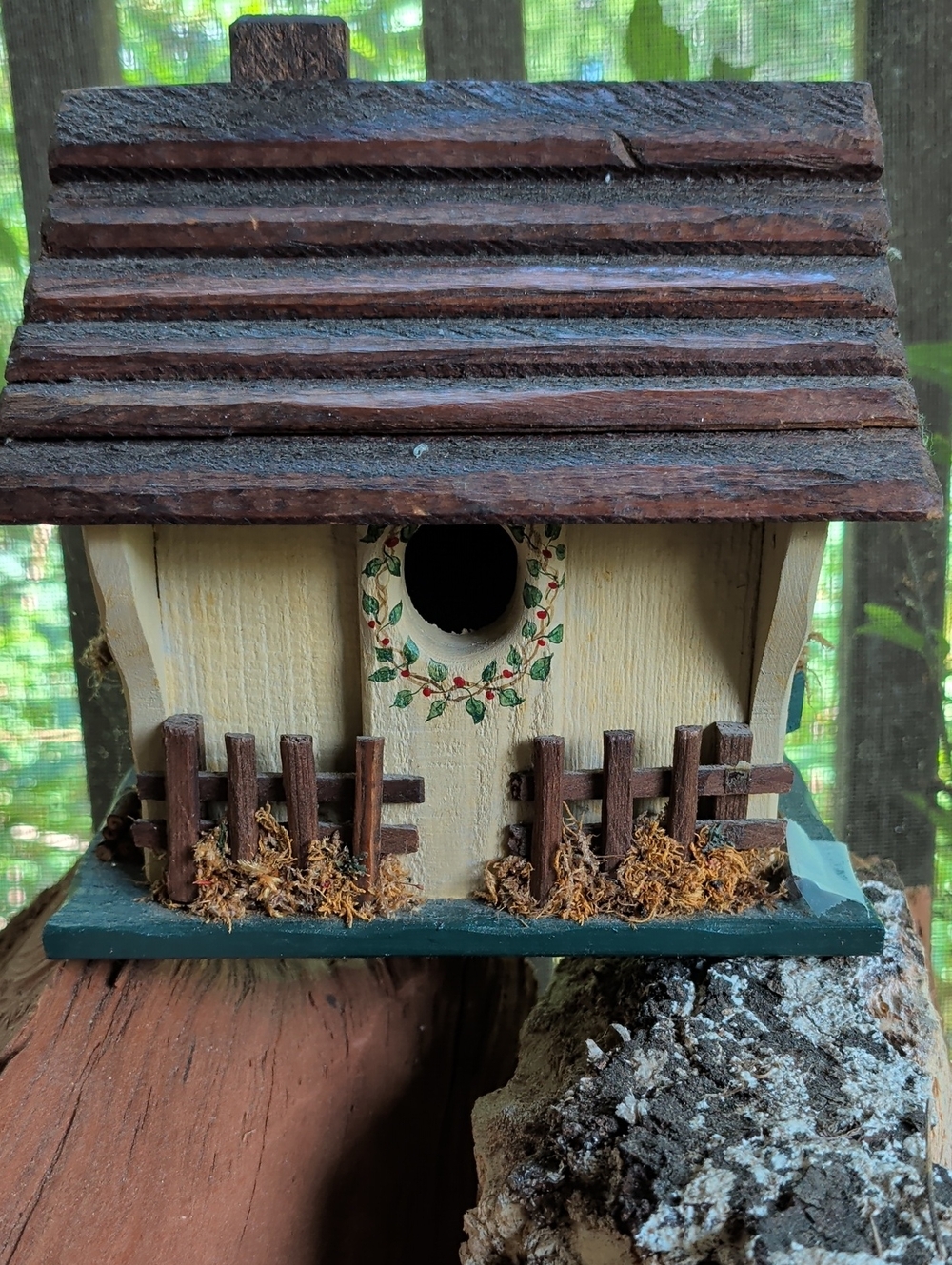 Vintage Artist Signed 1990s Hand-Painted Wooden Birdhouse Cottage Fence Rustic